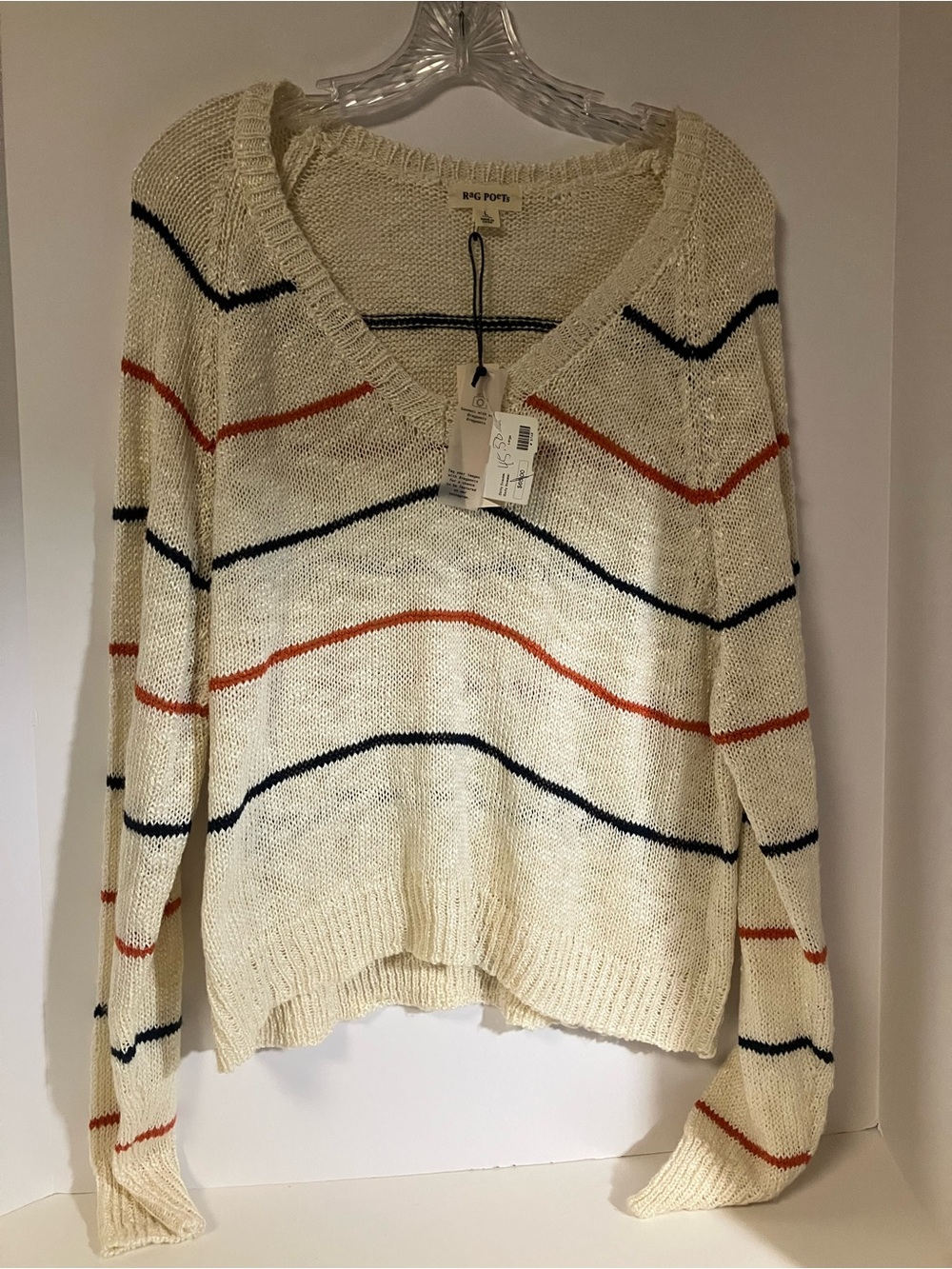 Rag Poets Cream V-Neck Striped Sweater